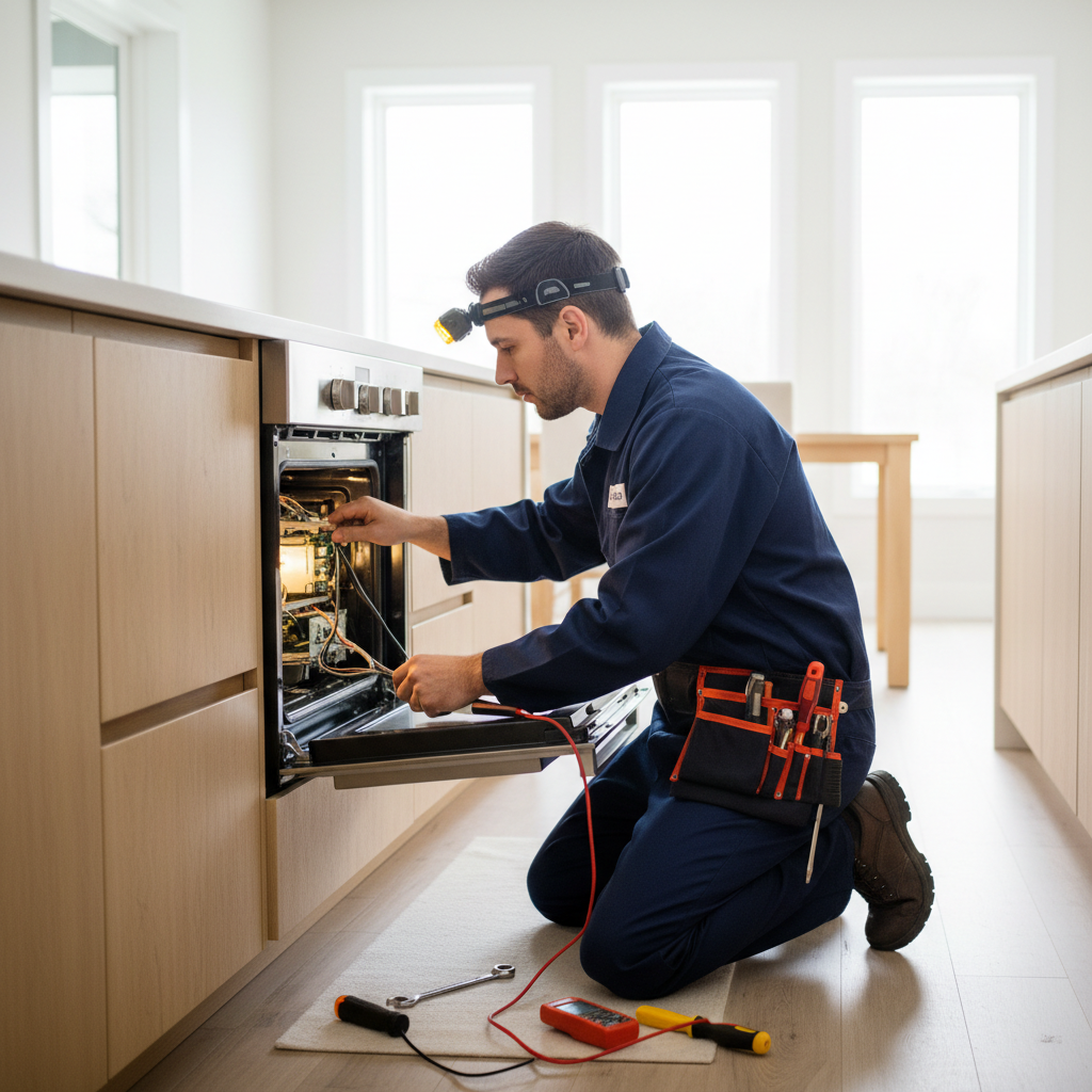 Appliance repair technician working in a modern kitchen